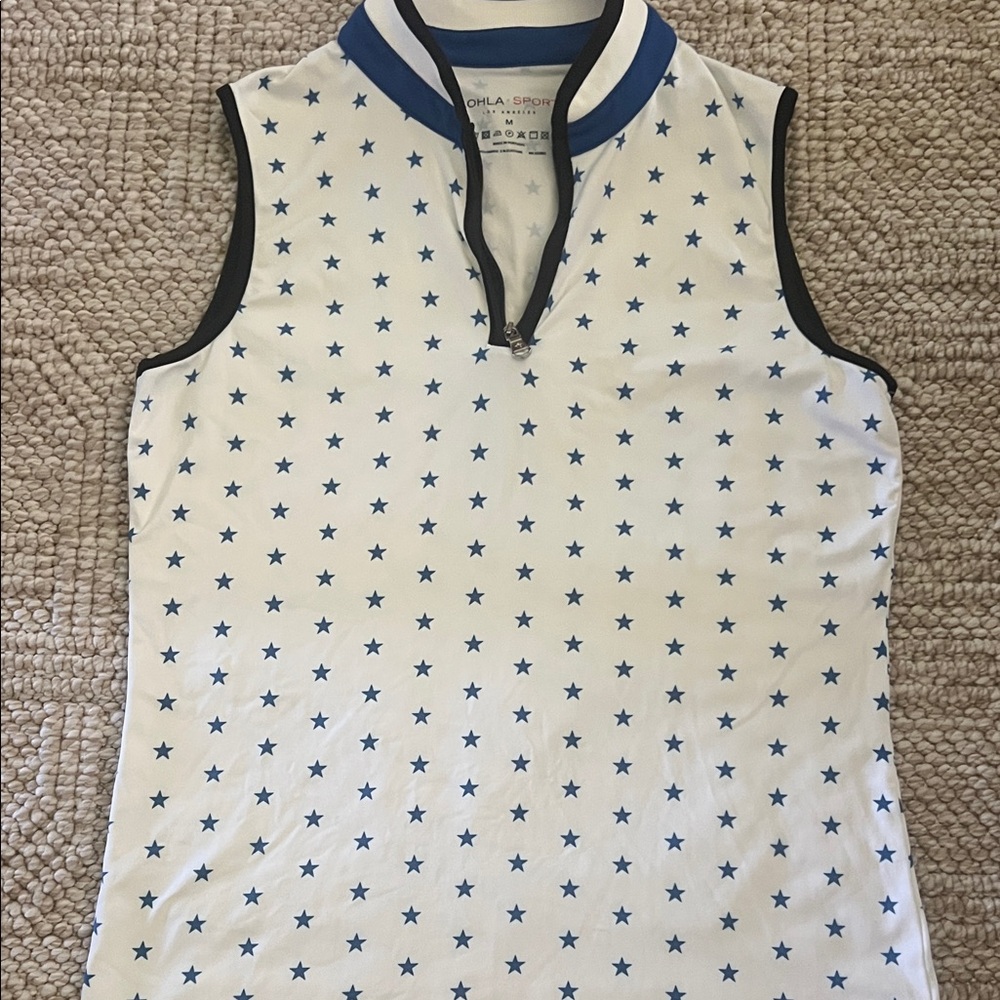 Lohla sport golf shirt. Starry Blue and White Womens Sleeveless Top